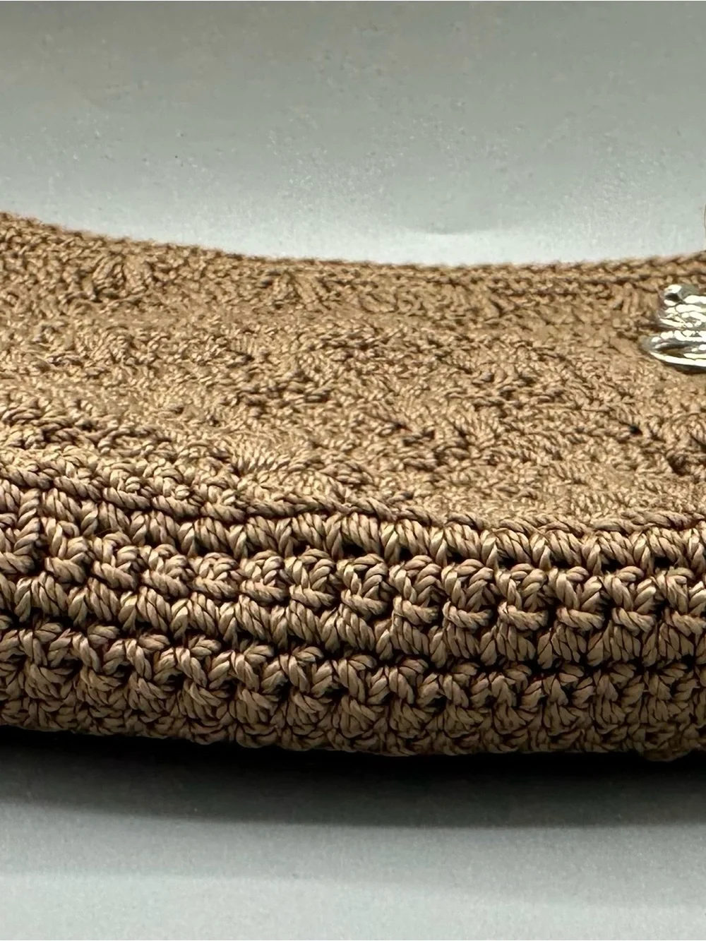 Luxy Crochet Knit Shoulder Bag Beige Boho Textured Hobo Bag Silver Initial Charm